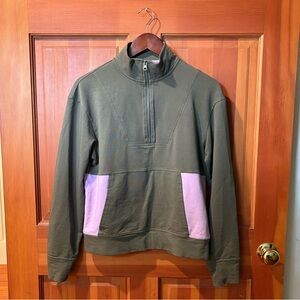 Pact Quarter Zip Cotton Sweatshirt Olive Green Lavender Pocket / Small